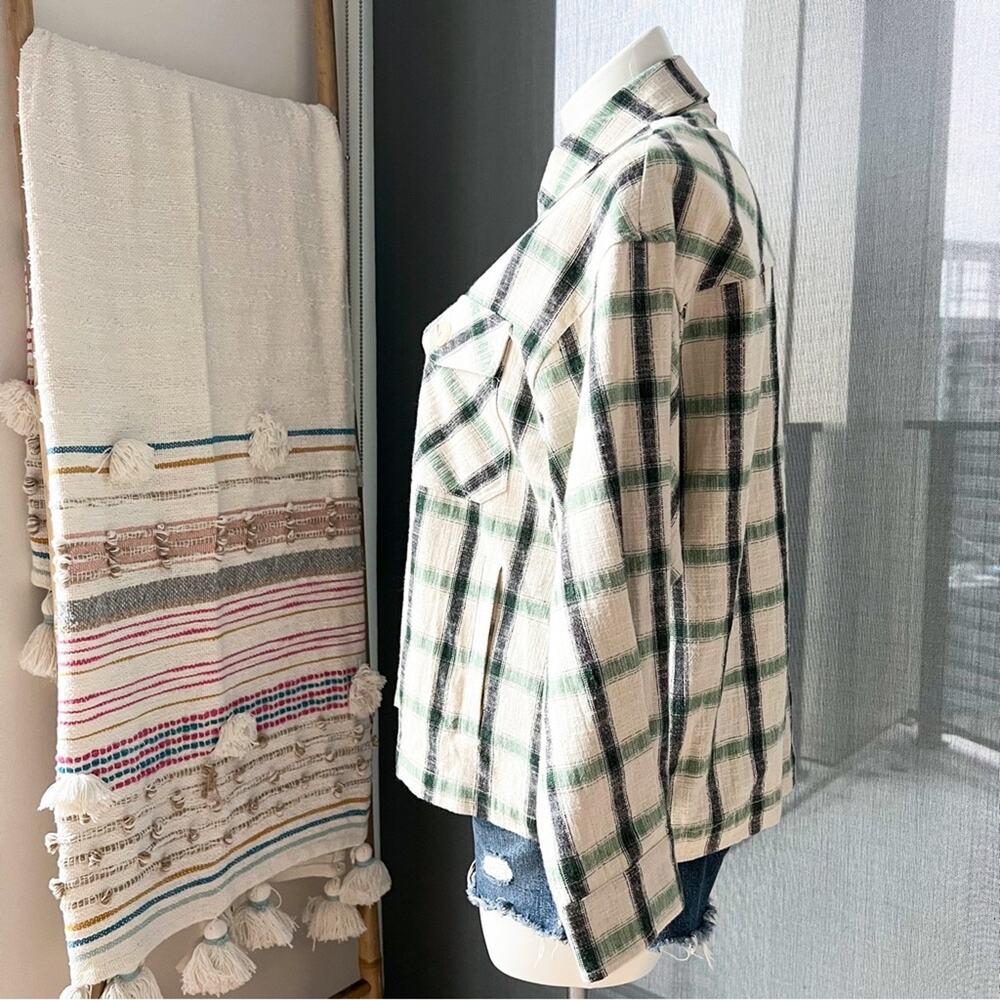 ZARA Green Cream Plaid Oversized Button Down Overshirt Shacket Womens Size Large - Picture 9 of 10